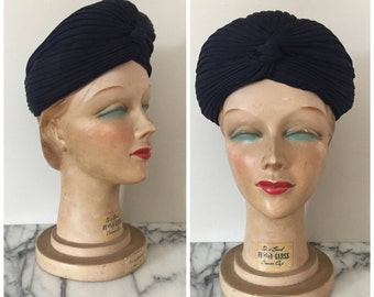 1940s Turban Hat - Navy Blue Stuffed Faux Turban