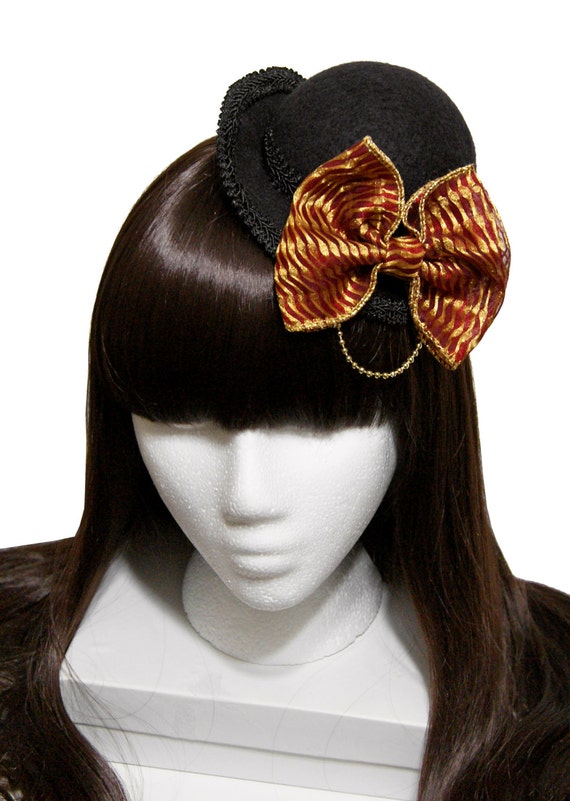 Black with Burgundy and Gold Striped Bow Velveteen Circus Gothic and Lolita Steampunk Mini Bowler Hat by SheenasBellaBows steampunk buy now online