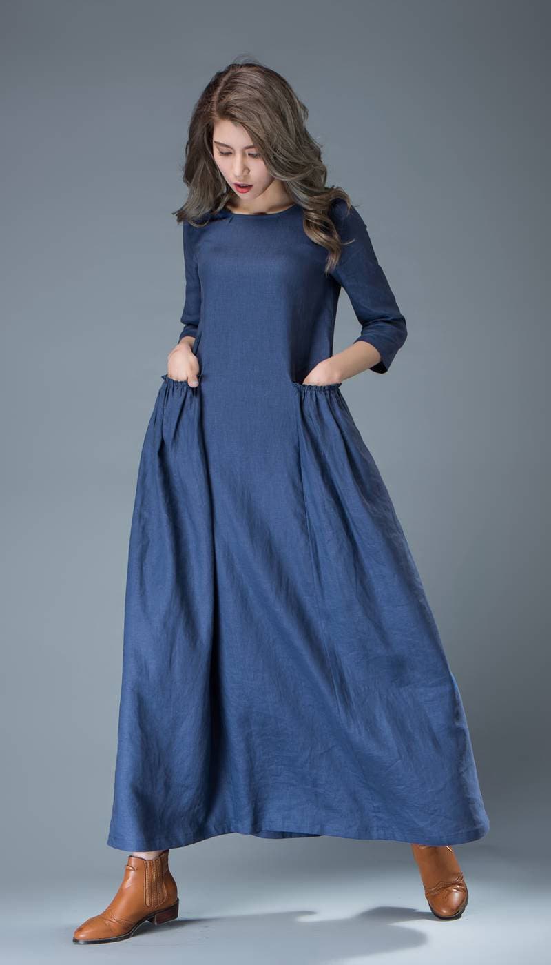 Maxi Blue Linen Dress Cobalt Long Lagenlook Spring Summer