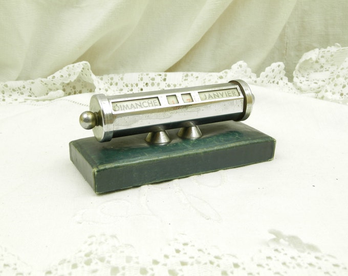 Vintage French Mid Century Green Leather and Chrome Perpetual Calendar / French Decor / French Mid Century / Retro Vintage Home Interior