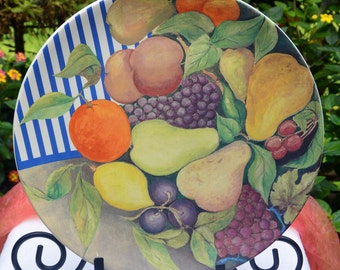French Cake Plate/Serving Platter- Gien La Ronde Des Fruits, Porcelain, Orig 115 - Vintage -Stunning!