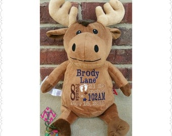 Moose Personalized Stuffed Animal Baby Cubbies - Moose - Deer - Embroidered - Stuffed Animal - Birth Announcement - Baby Gift - Birth Stats