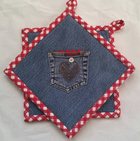 Items similar to Denim & Red Gingham Pot Holders // Denim Heart Hotpads