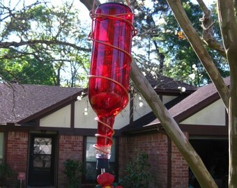 Wine Bottle Hummingbird Feeder With 3 Petal Red Flower Nozzle
