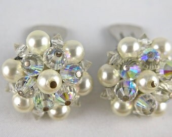 Vintage Laguna Pearl and Aurora Borealis Crystal Glass Earring Set, Wedding Gift