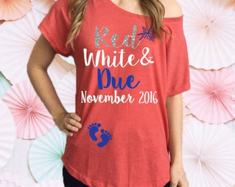 Red White and Due® Pregnancy Slouchy Tee Shirt. Off The Shoulder Pregnancy Shirt. 4th of July Pregnancy Tee Shirt. Pregnancy Announcement