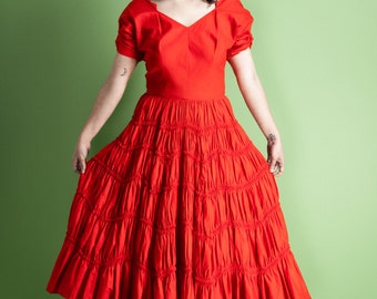 Vintage 1940s/50s FABULOUS fiery red ruffle skirt dress / flamenco / cha cha / Valentine's / gathered sleeves / pointed neckline / size XS