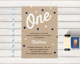 1st Birthday Invitation Boy, Confetti boys first birthday party, polka dots, printable, print yourself, blue, navy & brown kraft