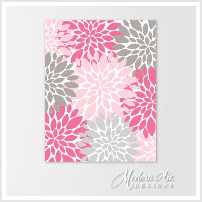 Flower Burst Wall Art Pink Gray Modern Home Decor for bathroom