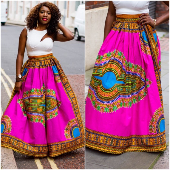 Pink Angelina dashiki maxi skirt African print skirt for