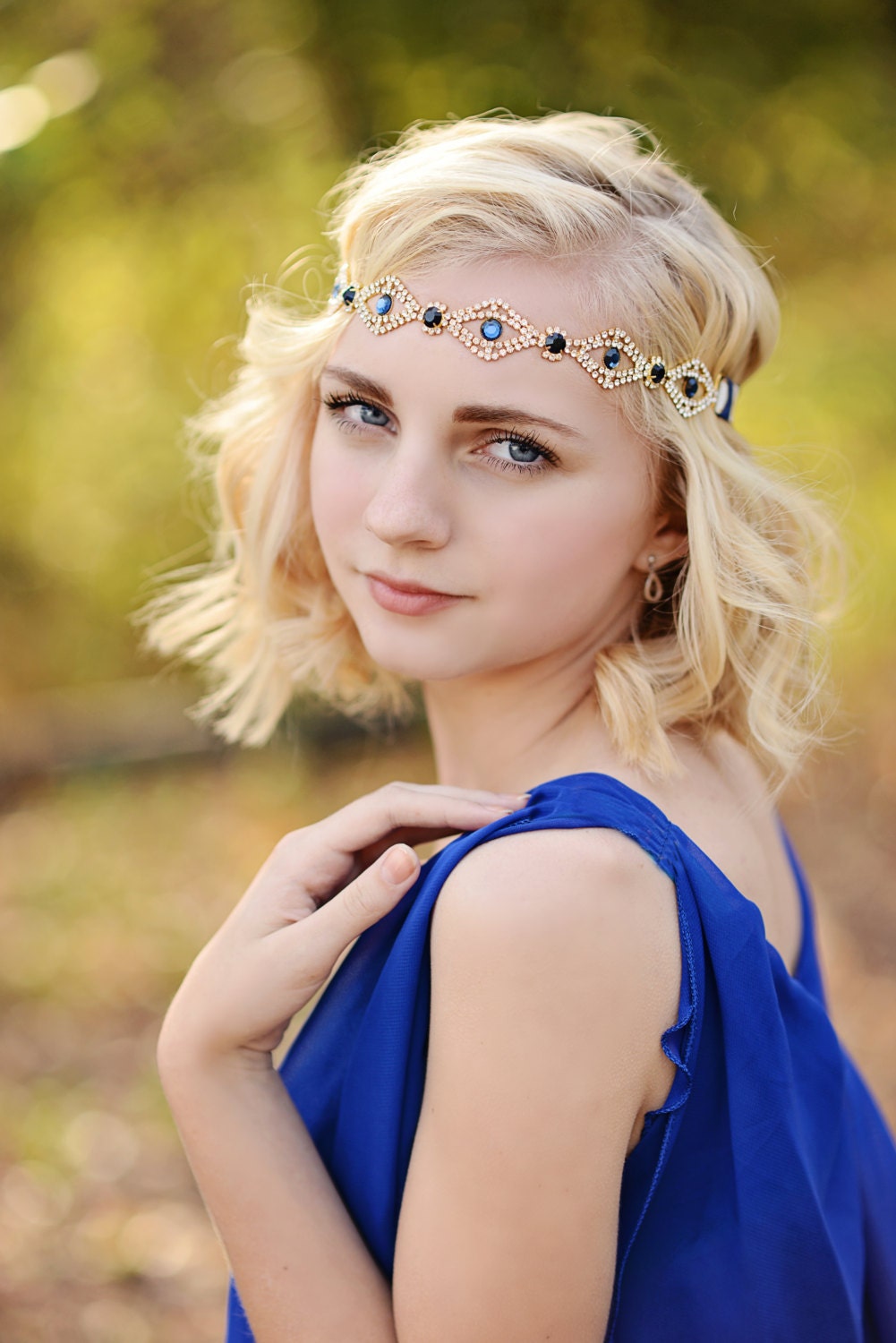 Navy Gold Headband, Gold Rhinestone Headband, Forehead Headband, Boho