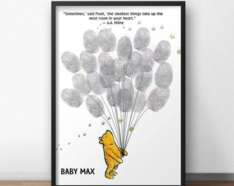 Winnie The Pooh Baby Shower Guest Book Alternative, Pooh holding Balloons, Baby Shower Thumbprint Guestbook Poster, Pooh finger prints