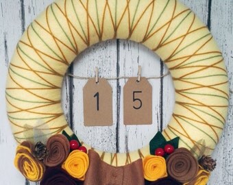 Yarn Felt Christmas Wreath Door Decoration- Autumnal Advent Calender - Gold and Brown