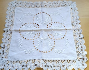 French antique embroidered white linen tray cloth,table center , hand made embroidered, hand made lace crochet doily