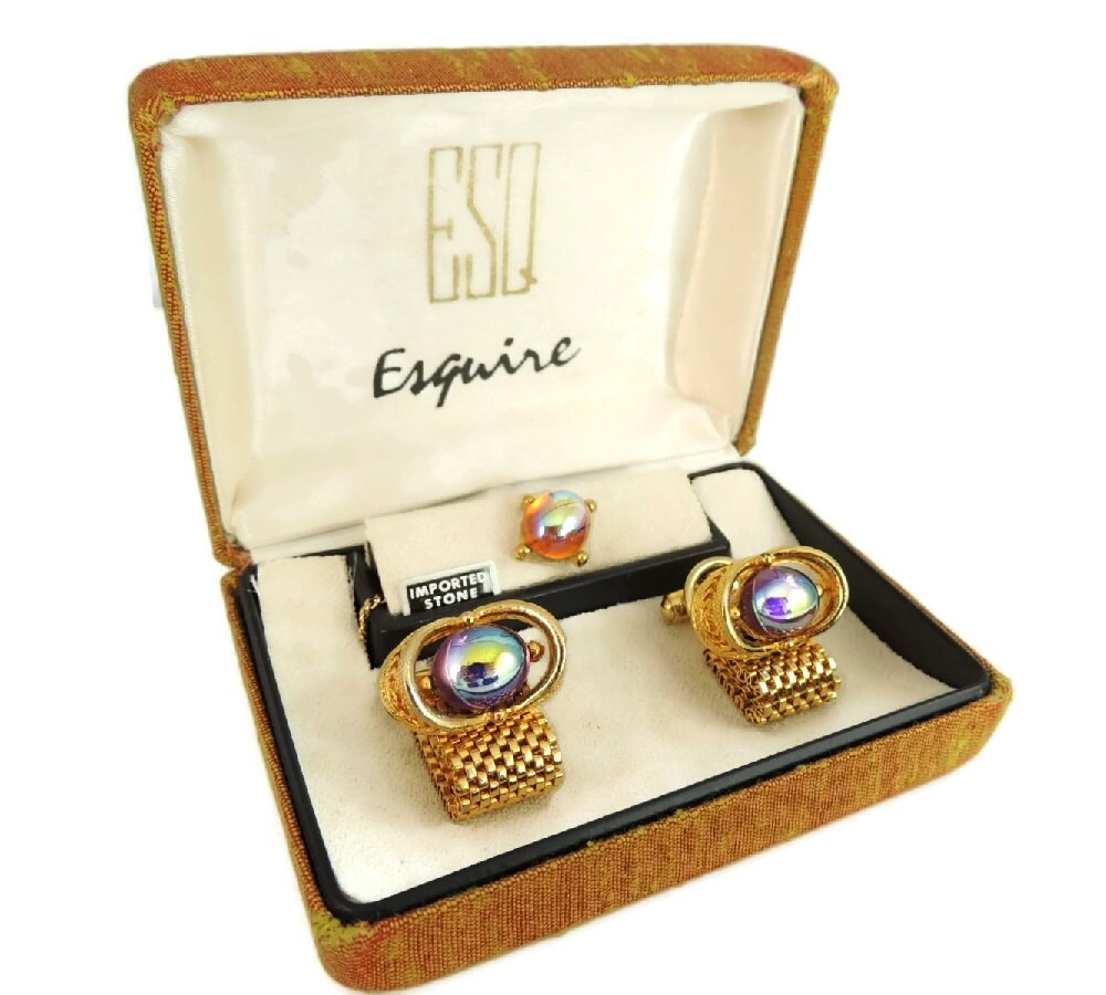 Vintage Mesh Cufflinks with Rainbow Iridescent Stones Esquire