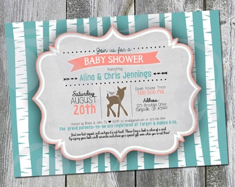 Cute Little Deer Baby Shower Open House Invitation | Custom 5"x7" Invite with Gray, Coral, Teal, Aspen Birch Trees, Bird and Arrow (digital)
