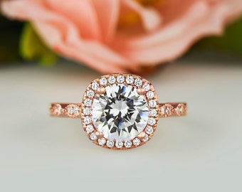 2.25 ctw Halo Wedding Ring, Vintage Style Ring, Man Made Diamond Simulant, Art Deco Ring, Engagement Ring, Sterling Silver, Rose Gold Plated