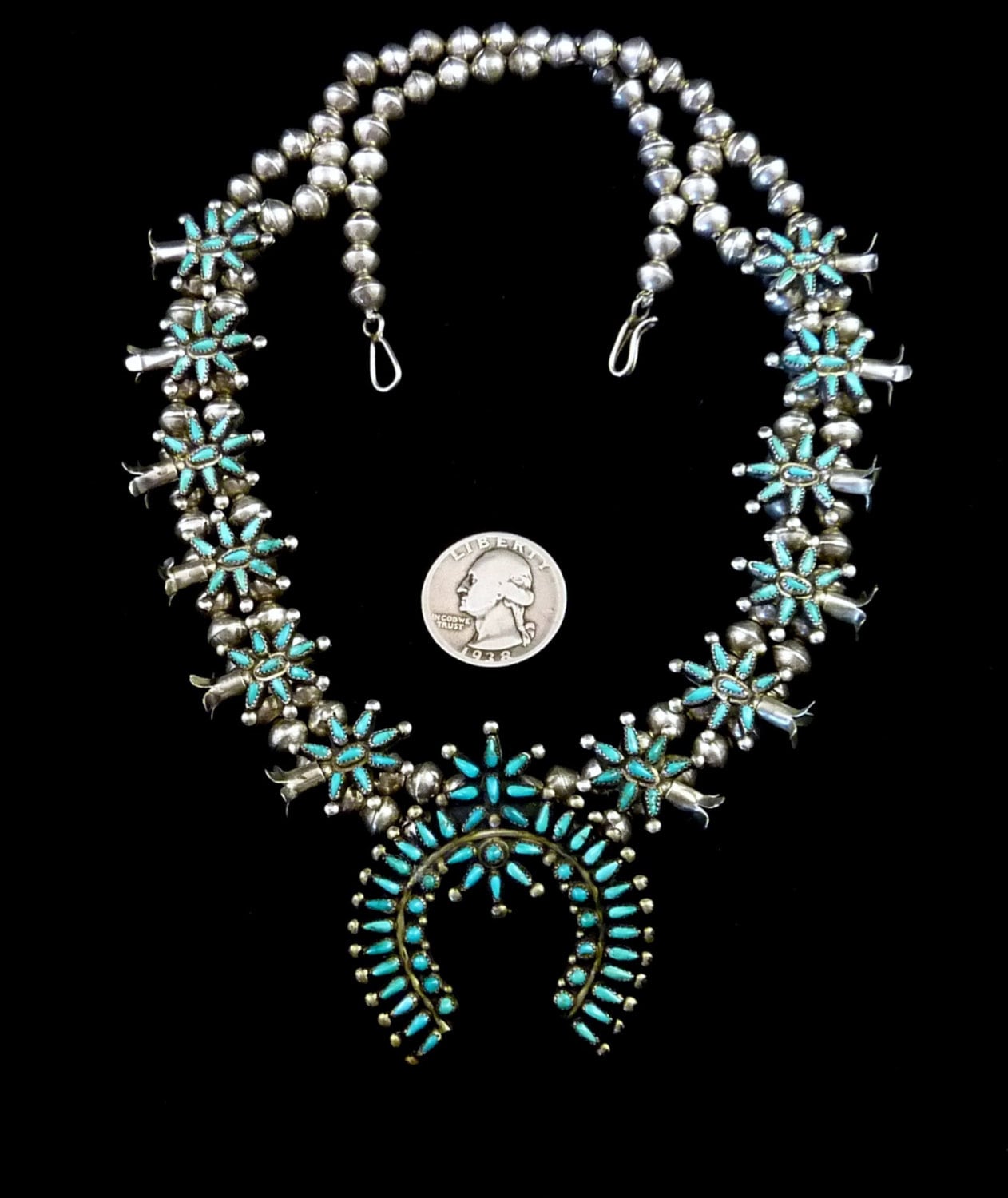 71g Vintage Zuni Sterling Silver Squash Blossom Necklace w