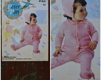 Vintage Knitting Pattern, 1960's babies knitting pattern, Peter Pan P46, 3 piece Pram set, Coat / Cardigan, leggings, Bonnet, 20"/22"