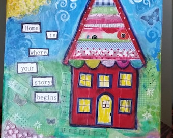 Whimsical House Mixed Media Canvas, Wonky Torn Paper Collage, Home Decor, Cheerful Art, Inspirational Quote