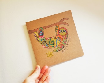 Hand Drawn Christmas Sloth Card. Personalized Christmas Card with Envelope. Animal Card.