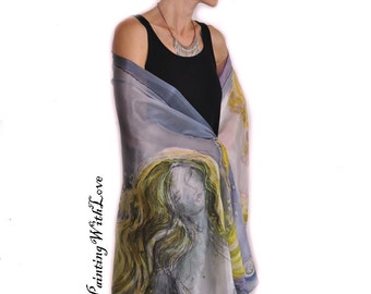Extravagant evening wrap. Wedding gift. Gustav Klimt inspired Wearable art. Bedroom wall decor. 50 shades of Grey Nude art large silk scarf.