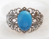 Turquoise bracelet Oval Silver Filigree bracelet Adjustable bracelet Cuff bracelet Bangle Wide bracelet Blue Gemstone Blue stone bracelet