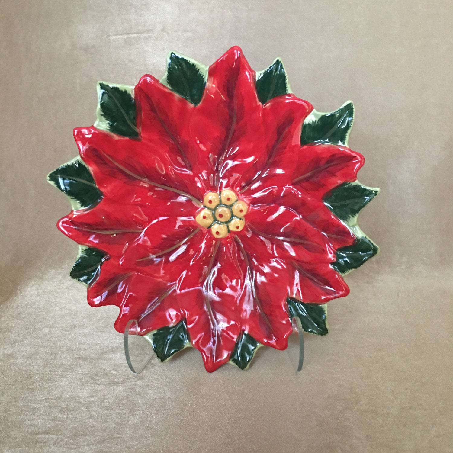 Poinsettia Plates Vintage Holiday Poinsettia Decor Ceramic