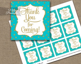 Thank You Favor Tags - Printable Turquoise Gold Thank You For Coming Tags - Aqua Gold Baby Shower Bridal Shower Birthday Decorations - GDT