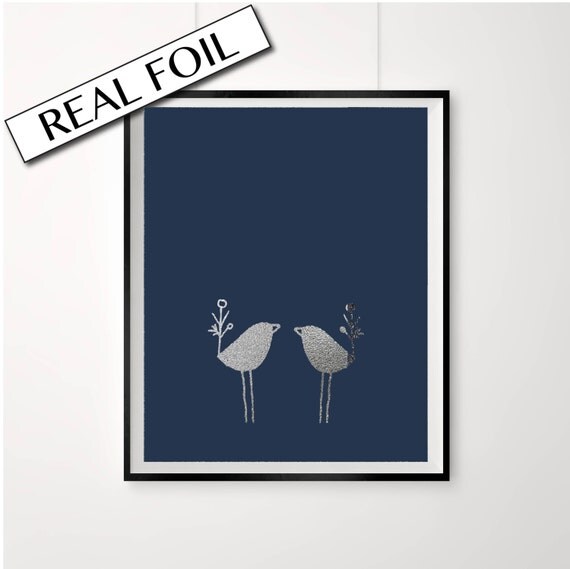 Silver Foil Print Bird Poster Silver Birds Art by PeppaPennyPrints