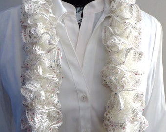 White Ruffle Scarf, Champagne Sashay Scarf, Boa Knitted Lacy Scarf, Sequinned