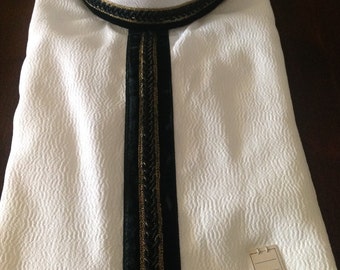 Deadstock Men's Banded Collar Shirt, NOS After Six Collarless White Tux Shirt, Black & Gold Trim