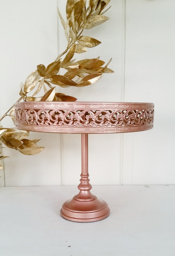 12 Inch CAKE STAND Copper Rose Gold Metallic Metal Filigree