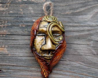 Polymer Clay Nature Spirit Mask, Orange Leaf Green Spiral Miniature Sculpture, Green Man, Pagan Decor, Handmade OOAK, Earthy Forest Art