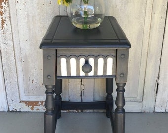 End Table, Bedside Table, Black and White, Phone Table, Whimsical Accent Table, Hand Painted Furniture, Up-cycled Furniture, French Country