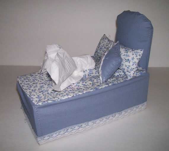 Bed Shaped Tissue Box Cover Two Mini Pillows Blue Floral