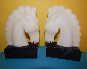 Vintage Alabaster Horse Head Bookends Made Italy