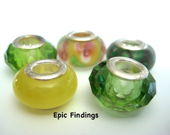 SALE!! Green & Yellow Lamp Work Glass 925. Stamped European Glass Beads, DIY Jewelry Design, Craft Supply, Epic Findings