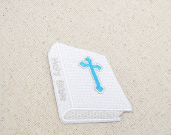 Holy Bible with Cross - Turquoise and White - Iron on Applique - Embroidered Patch - WA77