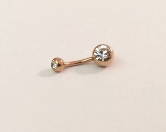 Rose Gold Double Clear Crystal Navel Piercing 14 Gauge(BPC-34), Belly Ring, Curved Barbell, 316L Surgical Steel, Rose Gold Belly Ring