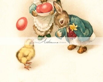 Digital Download Printable Art - Vintage Easter Bunny Chick Greeting Image - Paper Crafts Scrapbook Altered Art - Antique Easter Postcard