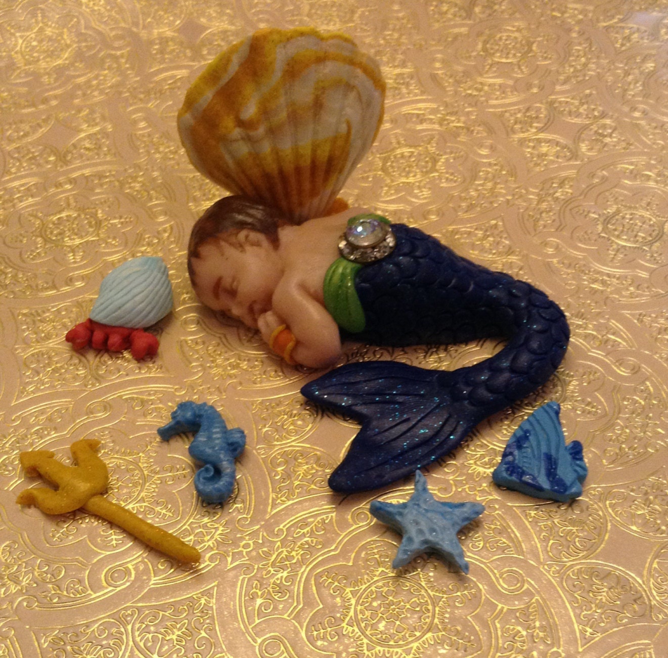 Newborn Merbaby  Baby Merman Cake Topper In Polymer Clay