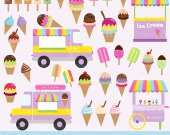 Ice Cream Clip Art, Ice Cream Vans Clip Art, Popsicles, Cones, Ice Cream Stand Clipart, Digital Vector Download
