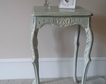 SOLD! Shabby chic; side table; end table; painted furniture; soft green cream; distressed; moon scallop details; custom order