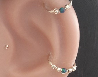 Green-Blue Opal 2mm Helix Earring- Gold Beaded Cartilage Hoop-Silver Helix Piercing- October's Birthstone-20-24 Gauge- 6-12mm Inner Diameter