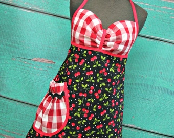 Women's Apron - Signature Apron - Black & Red Cherries