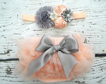 Newborn PEACH Ruffle Bloomers and Headband Set / Chiffon Ruffle Baby Bloomer / Ruffle Diaper Cover / Newborn Photo Prop / Newborn Headband