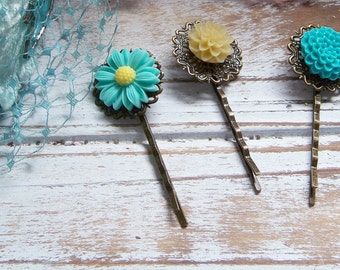 Floral Cabochon Bobby Pin Set, 3, Bobby Pins, Decorative Hair Accessories, Hair Clips,Blue Hair Accents, Romantic Hair Clips, Hair Accent