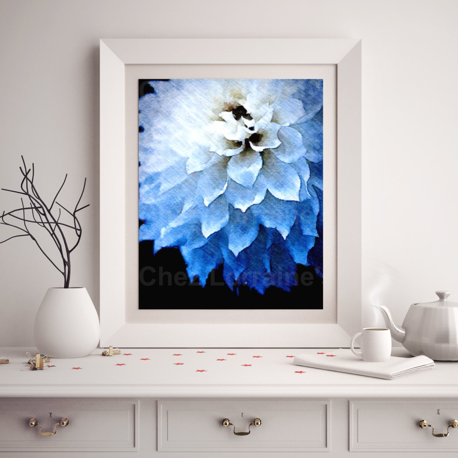 Indigo Blue Dahlia Art Print Ombre Watercolor Floral Wall