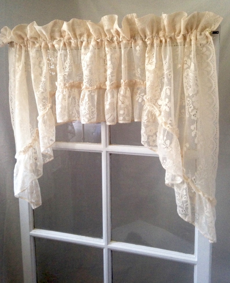 Victorian soft peach ivory ruffled curtain valance swag